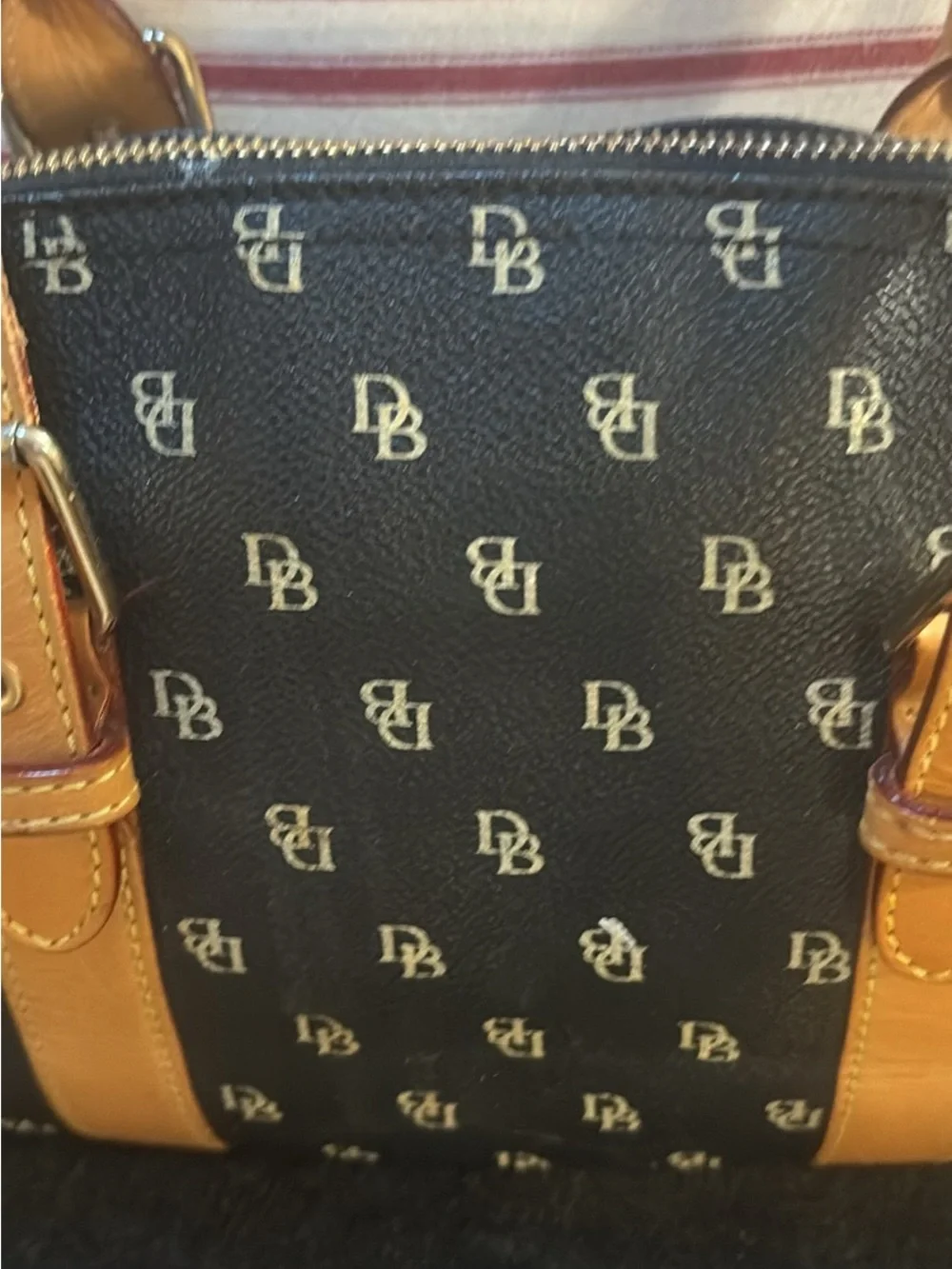 Dooney & Bourke Black Satchel with Tan Trim